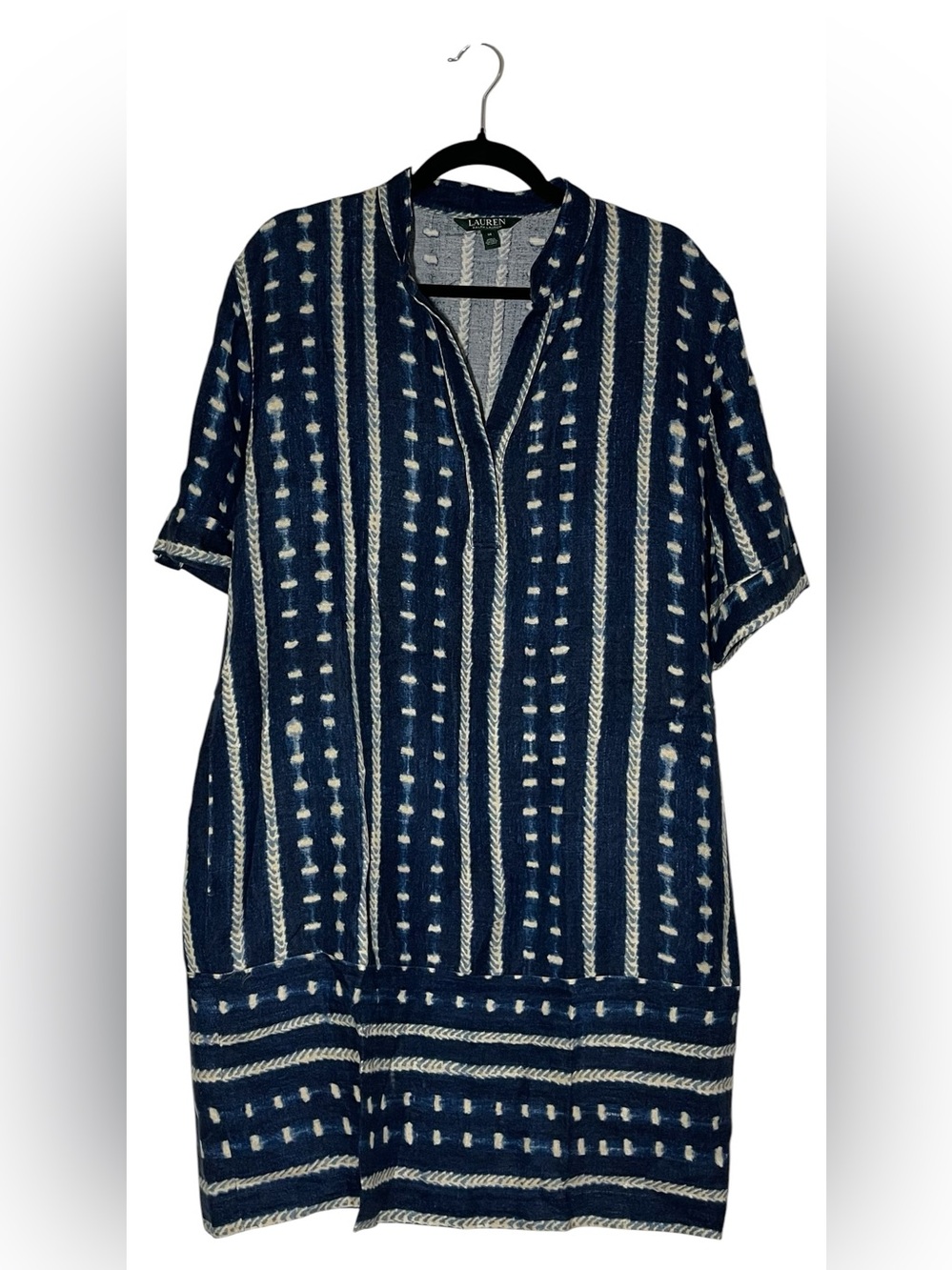 Lauren Ralph Lauren Blue Southwestern Linen Blend Short Sleeve Dress Size 14 - Picture 2 of 8